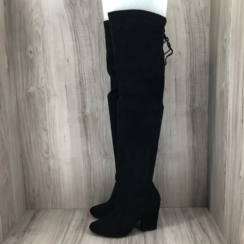 Qupid OTK Boots Womens 7.5 Black Faux Suede Over The Knee Pull On Heeled